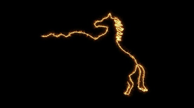 abstract horse stands on its hind legs, Self drawing animation one continuous line draw, logo.  Blazing  flame, energy, fire