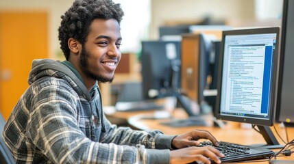 Student taking an online course on a computer in a study room