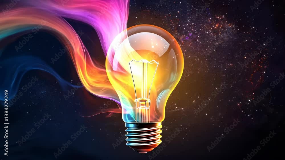 Poster 3d light emerging with filament bulb from colorful flowing waves, innovation, creativity, symbolizin