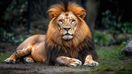 Naklejka premium Majestic lion resting in the savannah with a golden mane