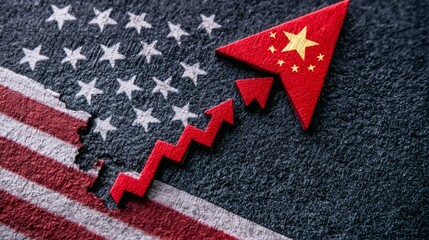Powerful image leader head distressed American flag vivid red arrow falling diagonally subtle Chinese flag visible. Copy space for Stockphoto