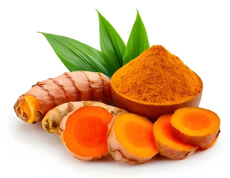 Turmeric (Curcuma longa Linn) rhizome (root) sliced with Finely dry powder and green leaves 