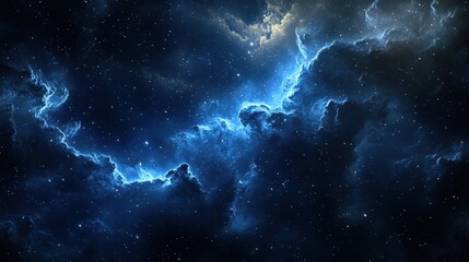 Fototapeta premium A breathtaking cosmic scene showcasing dark blue clouds illuminated by starlight, creating a serene and mysterious atmosphere of the universe.
