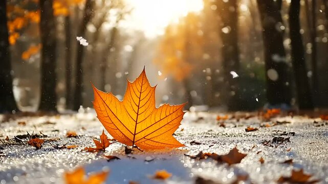 Vibrant autumn scene featuring a single orange leaf on a snowy path, surrounded by trees and sunlight
