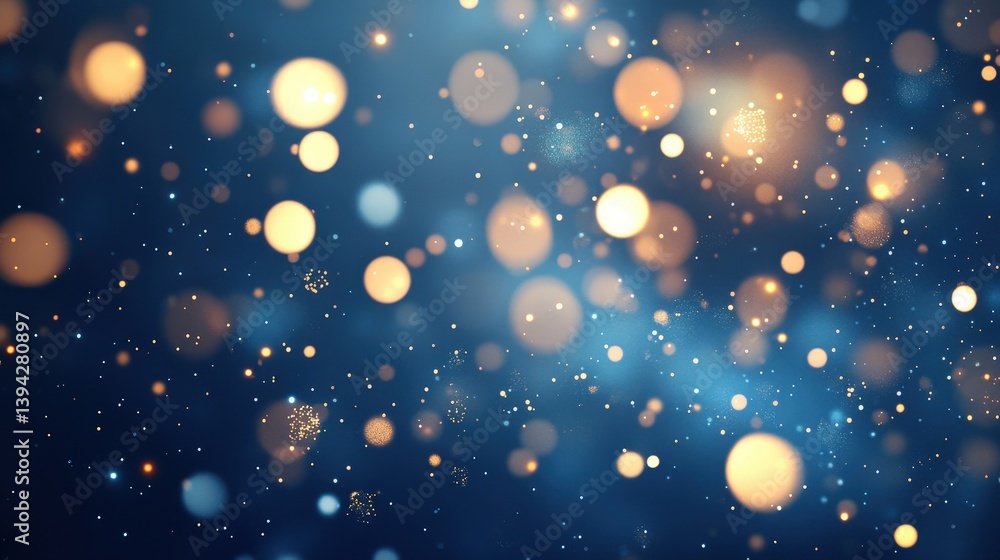 Poster a dreamy background filled with shimmering bokeh lights in shades of blue and gold, creating a magic