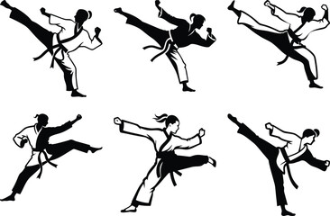 karate black and white silhouette set