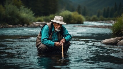 Elderly person squats inside river with wooden stick. Person wears hat and vest near green forest trees. Water flows around person.