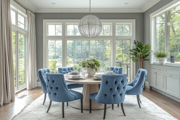 Modern dining room with light blue chairs, round table, large chandelier, and natural lighting through floor-to-ceiling windows. Bright and airy interior design.