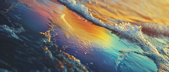 A close-up of an oil spill in the ocean, with a rainbow sheen on the water's surface.