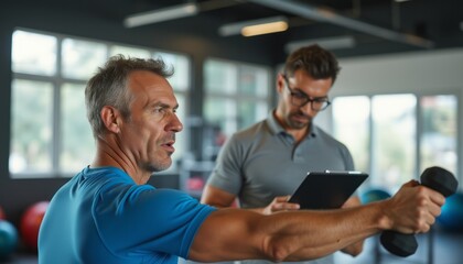 A dedicated man in a blue shirt lifts a dumbbell while a trainer watches closely, clipboard in hand. This dynamic scene captures the essence of personal training, showcasing commitment to fitness and