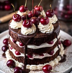 A classic Black Forest cake with soft chocolate cake base, with soft white cream studded with red cherries. 