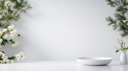 Minimalist, serene display area with fresh flowers and greenery