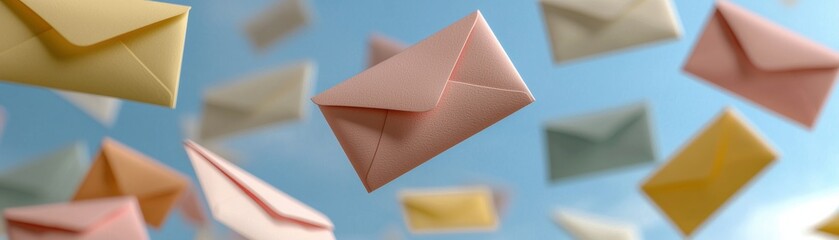 Floating Colorful Envelopes in Clear Blue Sky with Bright Daylight and Soft Natural Background