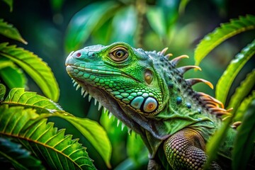 Fototapeta premium Emerald Iguana Thriving in a Tropical Rainforest Ecosystem A Stunning Visual of Wildlife in its Natural Habitat