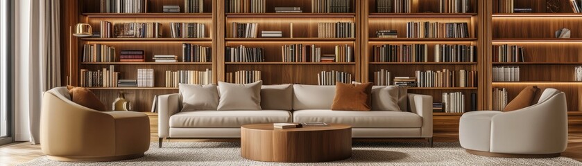 Cozy library living area with bookshelves and a light beige sofa