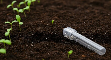 Hand taking soil sample beside sprouting plants with a testing tube—studying soil quality, plant vitality, and climate-smart agriculture practices