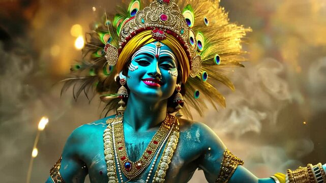 Divine presence: Krishna video, Vishnu avatar, supreme deity, spiritual essence, mythological figure, revered manifestation, Yadava lineage, eternal wisdom, Hindu tradition, celestial radiance.