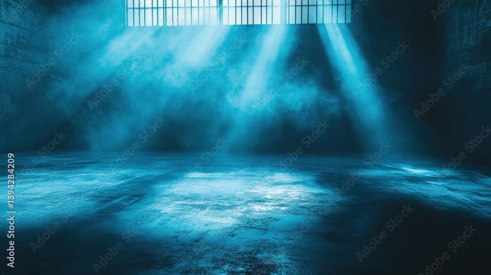 Poster a dimly lit room with blue hues and beams of light filtering through barred windows, creating an atm
