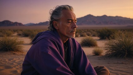 Older man meditates seated at sunrise. Purple hooded shirt, closed eyes, sitting on sand. Desert landscape with mountains visible.