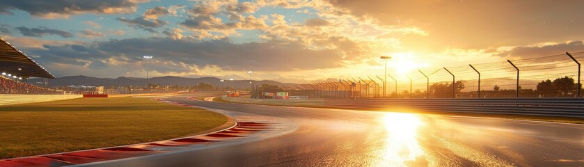 Scenic Sunset Over Racing Track with Wet Asphalt and Dramatic Clouds at Dusk