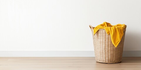 Yellow blanket in beige wicker laundry basket on wooden floor against white wall