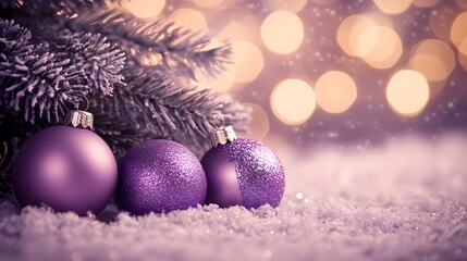 Purple Christmas Ornaments on Snowy Branch Winter Holidays Festive Background