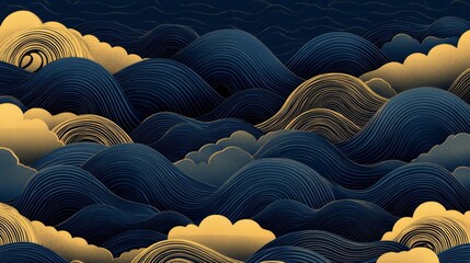 Fototapeta premium Abstract Night Landscape with Blue and Gold Mountains
