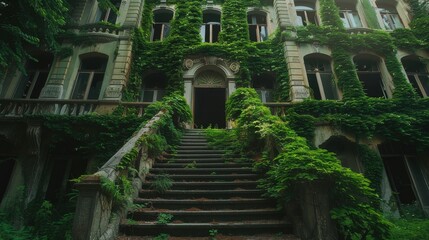 Overgrown Abandoned Manor Entrance with Ivy Covered Stairs
