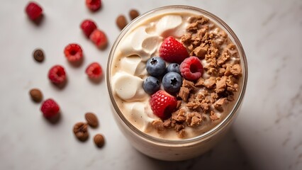Overhead view of a milkshake with toppings, brown dessert, and transparent cutout