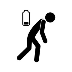 Tired human silhouette with low battery icon, physical, mental exhaustion, drained energy, emotional fatigue, burnout, stress, tiredness, lack of motivation in everyday modern life. depletion of perso