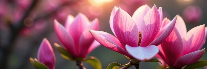 Pink magnolia flowers in full bloom, vibrant petals , pastel, springtime