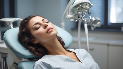 A stunning woman closes her eyes and lies in a dentist chair.  In a medical facility, a female patient is calmly undergoing a dental examination.  She appreciates a clean environment, pleasant service