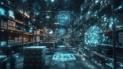 Futuristic Warehouse with Glowing Data Spheres