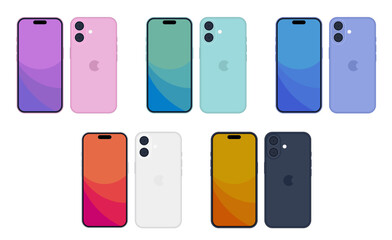 Editable stock vector of 16 colorful smartphones in various styles and angles. Fully layered and customizable, perfect for app design, UI mockups, tech presentations, and digital illustrations.