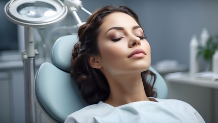 A stunning woman closes her eyes and lies in a dentist chair.  In a medical facility, a female patient is calmly undergoing a dental examination.  She appreciates a clean environment, pleasant service