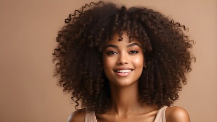 African American girl in a beauty image with clear, healthy skin on a beige backdrop.  A dreamy, gorgeous ebony woman with a smile. Curly hair styled in an afro