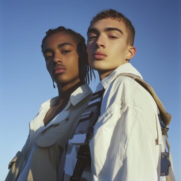 Diverse Teen Boys in Utility Fashion Against Clear Sky