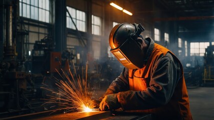Welder wearing helmet welds metal with bright sparks in dark factory. Person wears orange jacket and protective gloves. Metalwork construction process background.