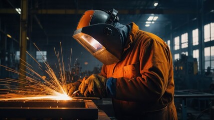 Orange uniformed person welding metal at dark workshop, sparks flying. Black helmet protects face during work, gloves protect hands, dark background.