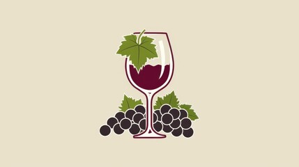 Red Wine Glass with Grapes and Vine Leaf Illustration