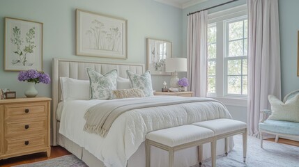 Serene Master Bedroom Interior with White Bedding and Botanical Prints