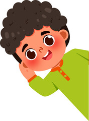 Curious Boy with Curly Hair Peeking from Corner, Playful Illustration