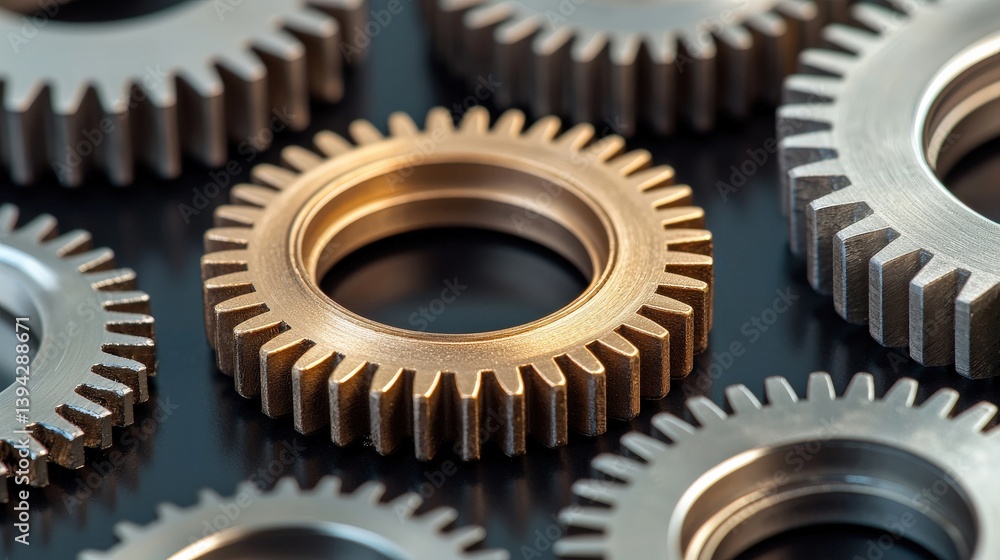 Poster a close-up view of metallic gears showcasing intricate designs and varying colors, highlighting mech