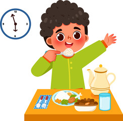 Cheerful Boy in Pajamas Enjoying a Nutritious Breakfast with Clock