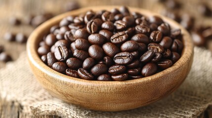 Fototapeta premium Freshly Roasted Coffee Beans in a Wooden Bowl on a Rustic Background with Natural Textures and Warm Tones