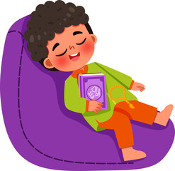 Peaceful Child Napping in Purple Beanbag Chair with Holy Book