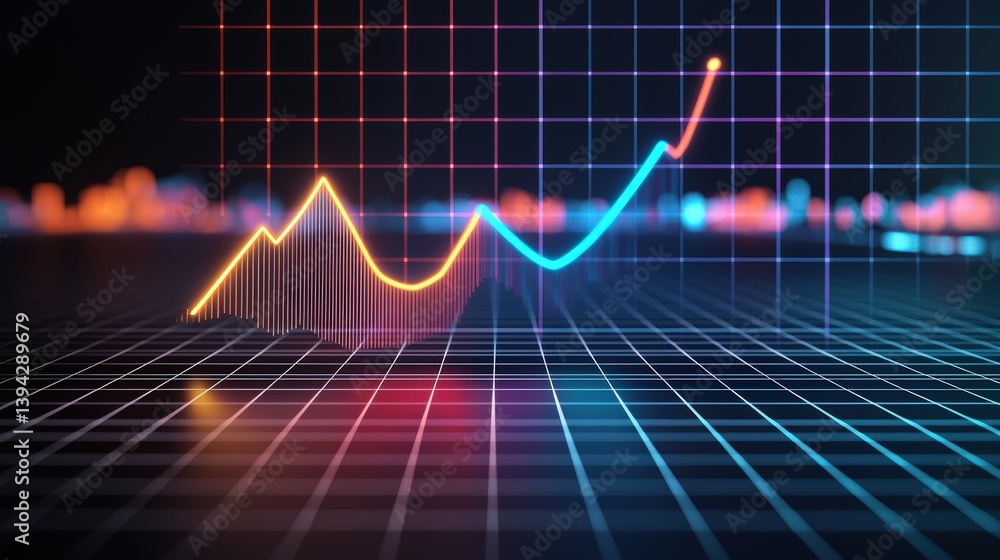 Poster a vibrant, digital graph displaying rising trends on a grid background, symbolizing data analysis an