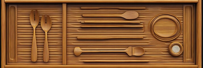 Fototapeta premium Wooden cutlery and plates neatly arranged inside of a tray, ready for use, in a modern kitchen setting