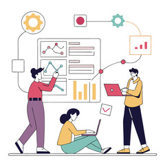 AI Technology Set: Characters Utilizing Generative AI Tools for Business, Content Creation, Marketing, and Automation Tasks. Vector Illustration Depicting Modern Workflows Enhanced by Artificial Intel
