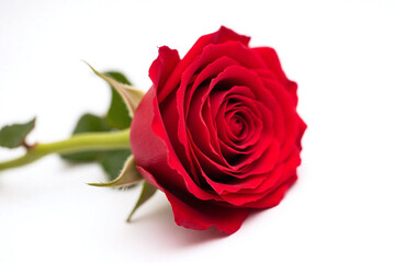 single red rose with green leaves on a white background